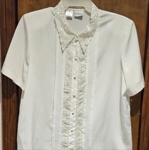 Liz Baker Size 14 Embroidered Beaded Blouse Semi Sheer White Dressy Work/Party